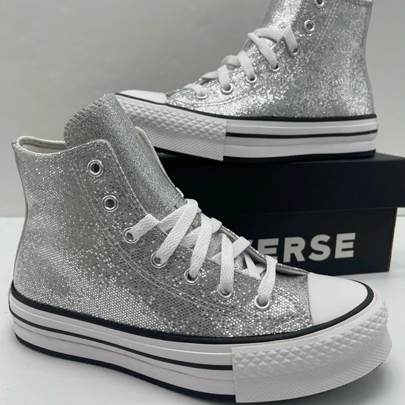 Converse CTAS EVA LIFT HI Chuck Taylor All Star High Top Sneakers Silver Glitter - Picture 13 of 16